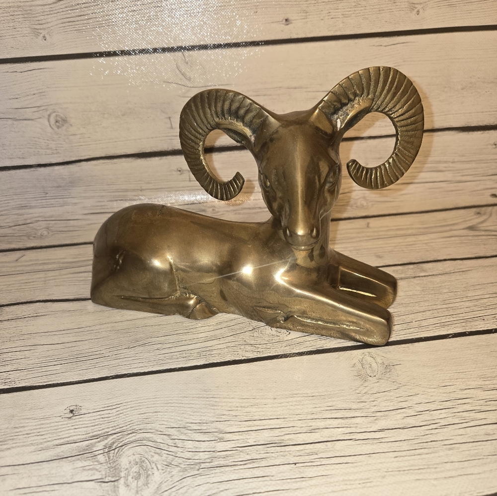 Vintage Solid Brass Ram Figurine | Made in Korea | Aries Zodiac | Mid-Century Bo
